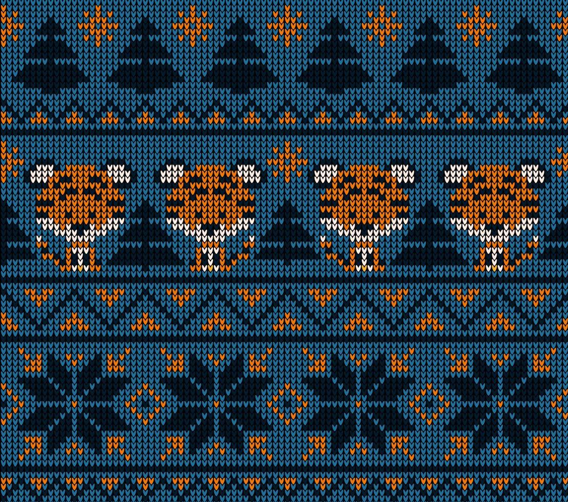 Knitted Christmas and New Year pattern in Tiger. Wool Knitting Sweater Design. Wallpaper wrapping paper textile print. vector