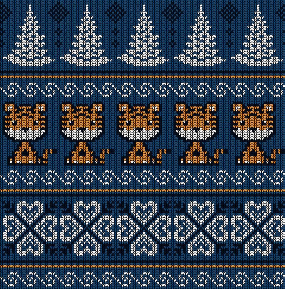 Knitted Christmas and New Year pattern in Tiger. Wool Knitting Sweater Design. Wallpaper wrapping paper textile print. vector