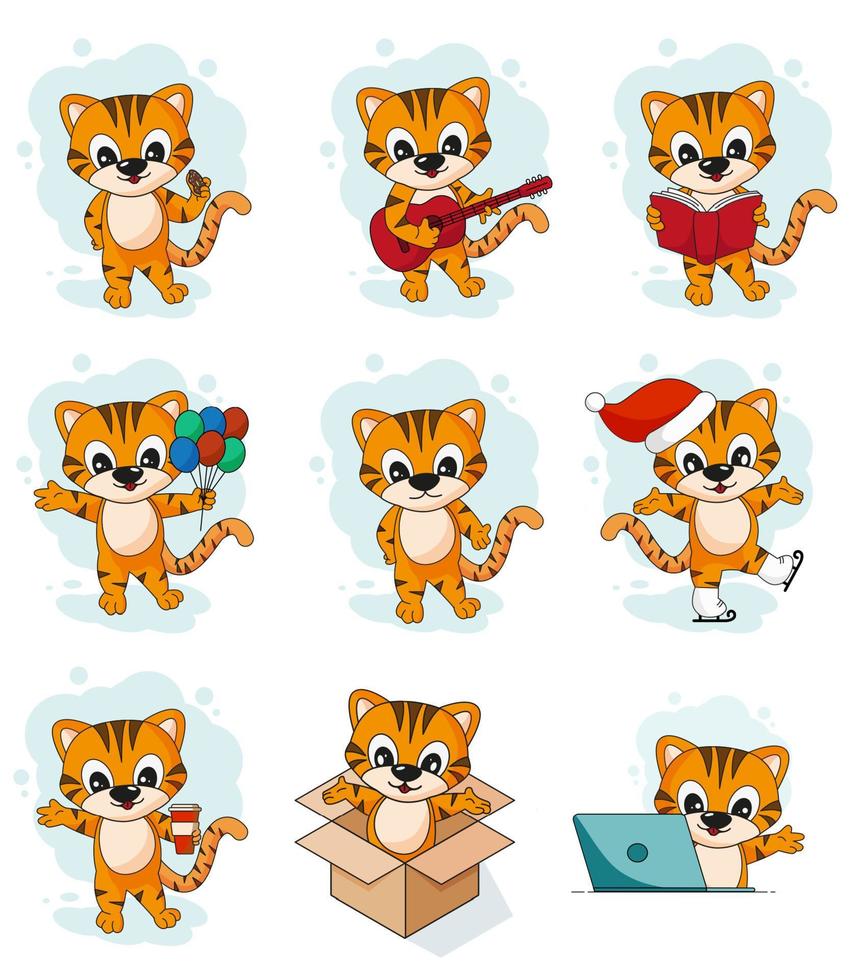 Set of cute tigers in a flat style. vector
