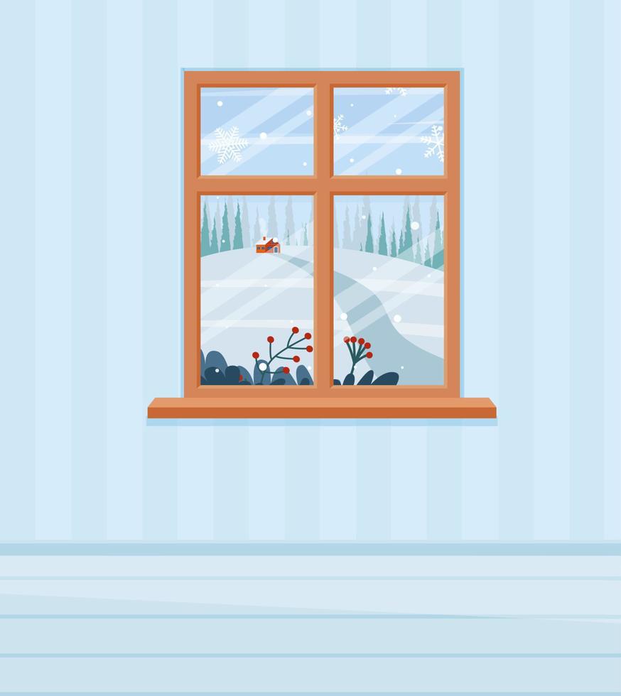 Into winter landscape window. Flat cartoon style vector illustration.