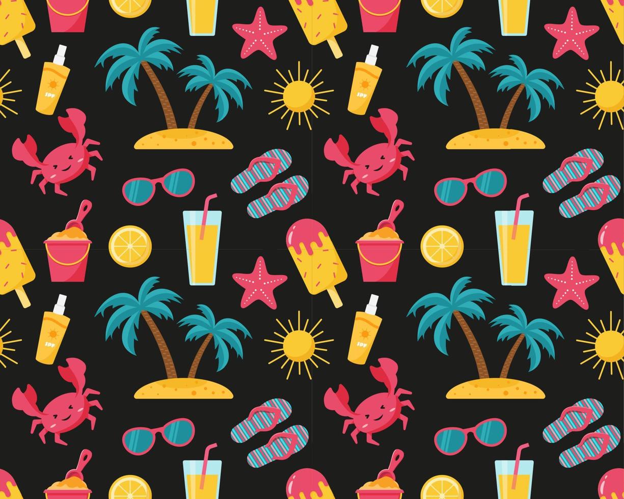 patrón de playa de verano sin costuras en paraguas, gafas, sol, limonada, cangrejo, palma vector