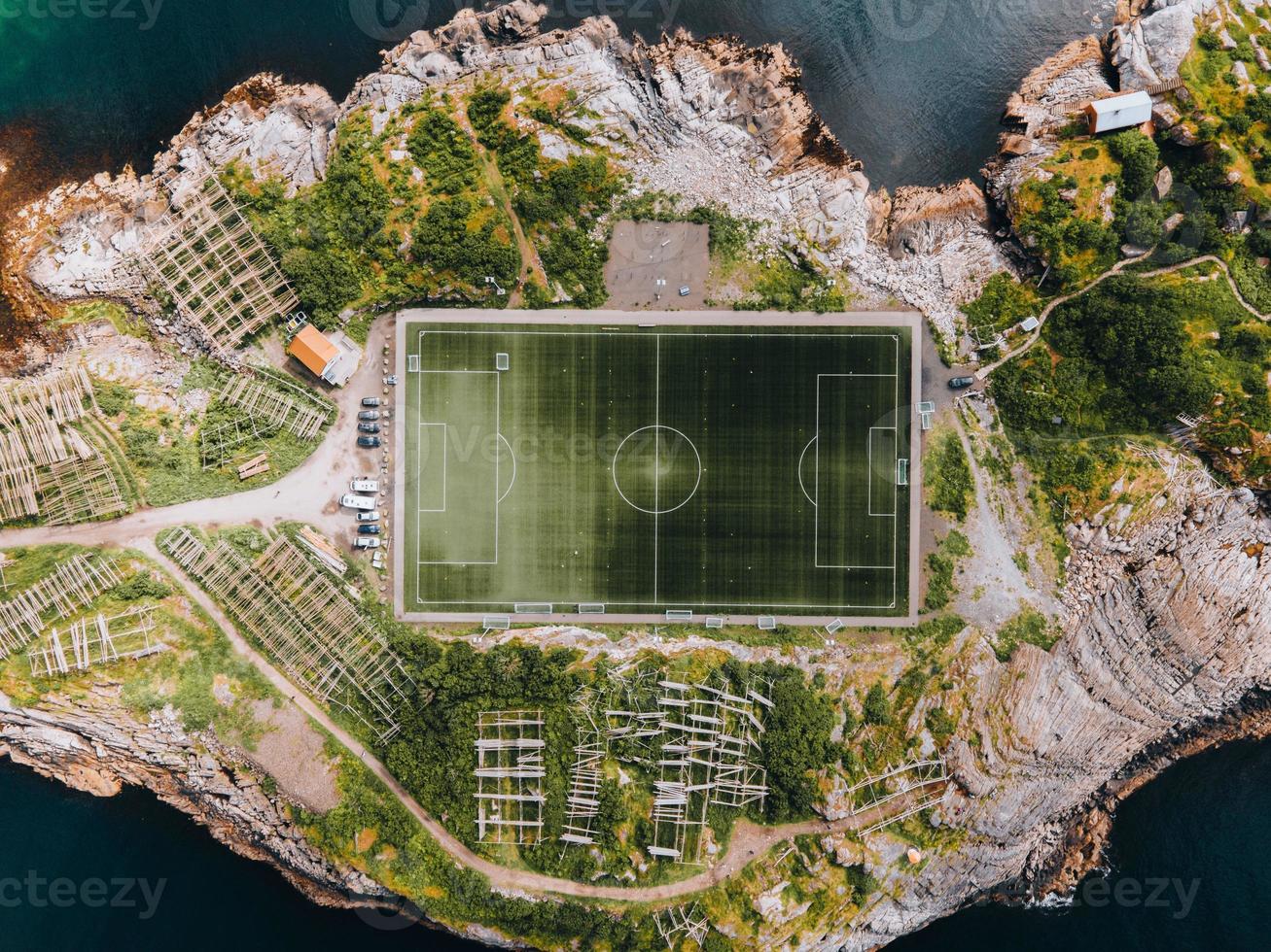 Views of Henningsvaer Football Stadium in the Lofoten Islands in Norway photo