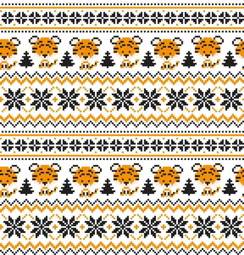 Knitted Christmas and New Year pattern in Tiger. Wool Knitting Sweater Design. Wallpaper wrapping paper textile print. vector