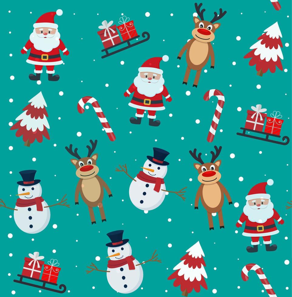 Christmas seamless pattern with snowman, reindeer and Santa Claus vector