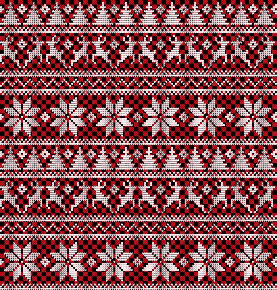 Knitted Christmas and New Year pattern at Buffalo Plaid. Wool Knitting Sweater Design. Wallpaper wrapping paper textile print. vector