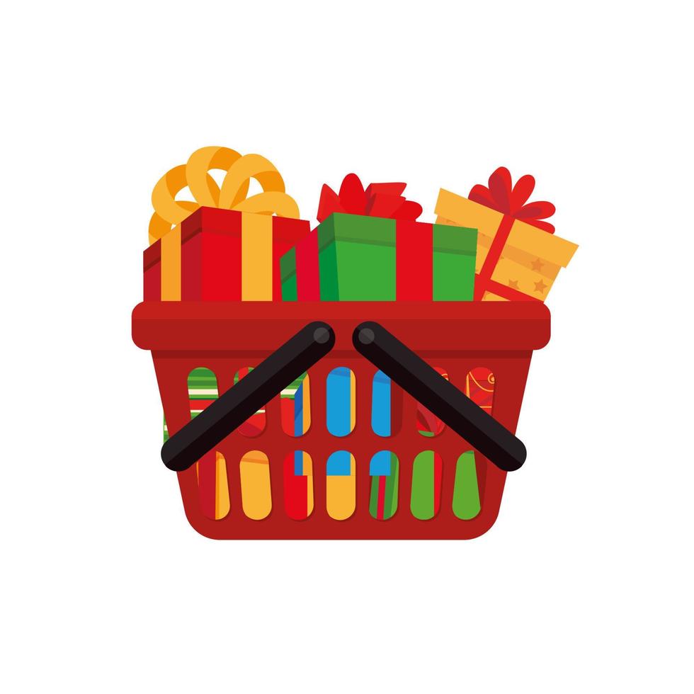 Shopping basket with gifts. Flat style vector illustration.