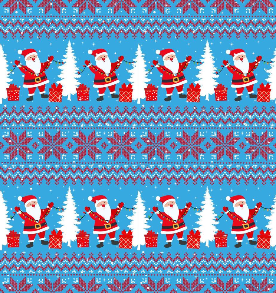 Knitted Christmas and New Year pattern into santa. Wool Knitting Sweater Design. Wallpaper wrapping paper textile print. Eps 10 vector