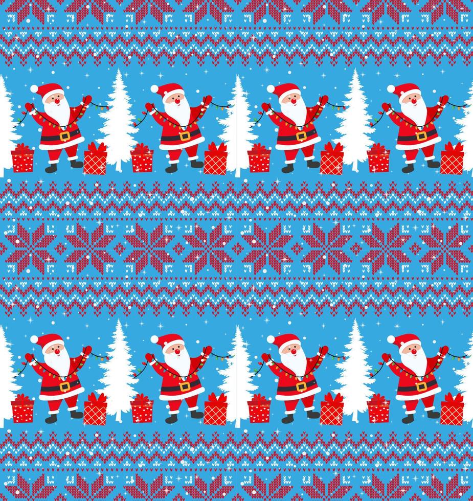 Knitted Christmas and New Year pattern into santa. Wool Knitting Sweater Design. Wallpaper wrapping paper textile print. Eps 10 vector