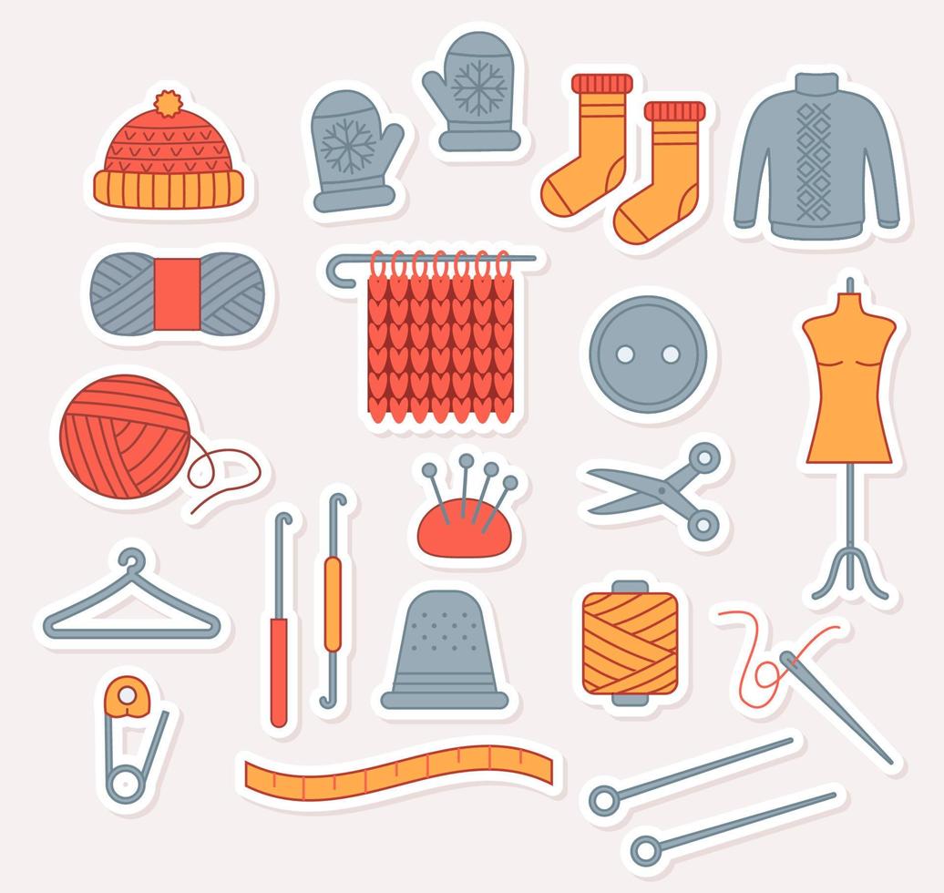 conjunto de lindos iconos de costura de pegatinas vectoriales. estilo plano vector