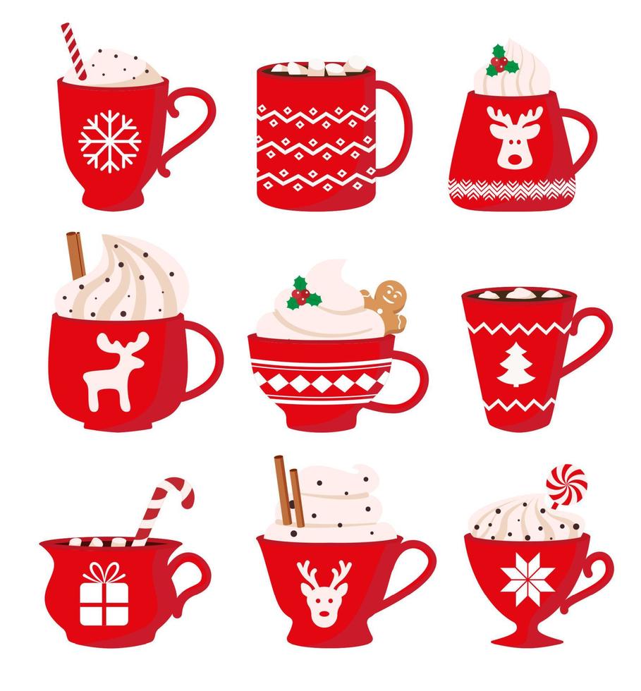 Set of cute Christmas hot drinks. Vector illustration.
