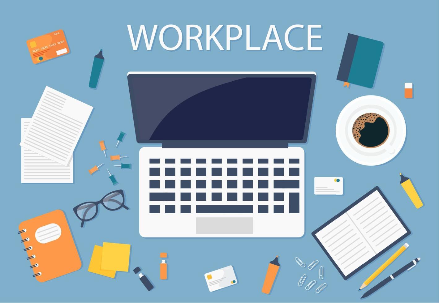 Desktop background of management and IT workplace. Top view of a table, laptop, folder, documents, notepad, business card, books, coffee, business, organization. vector