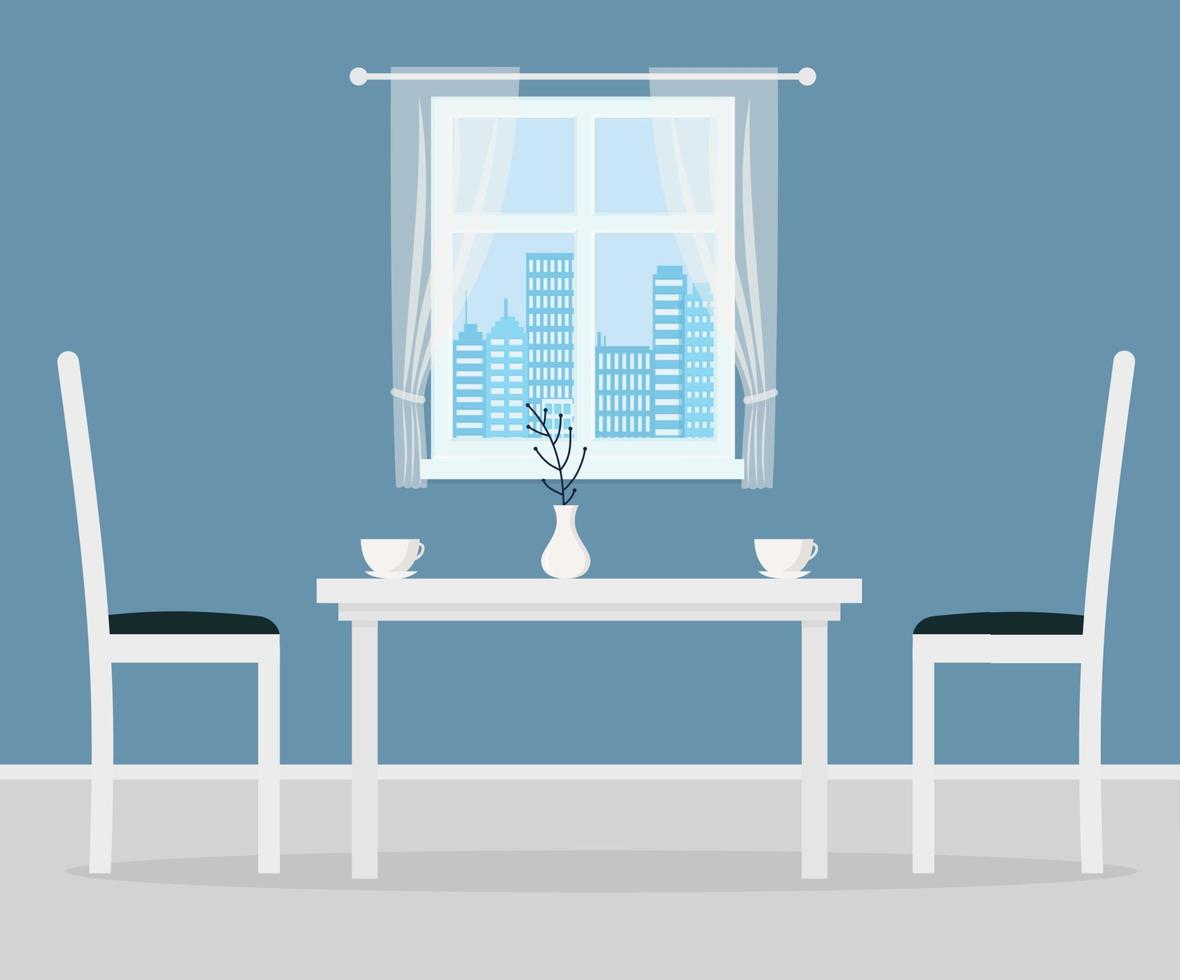 mesa de comedor en la cocina con sillas, tazas. ventana con cortina. ilustración de vector de estilo de dibujos animados plana.