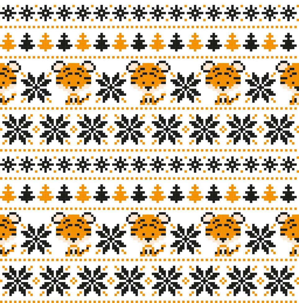 Knitted Christmas and New Year pattern in Tiger. Wool Knitting Sweater Design. Wallpaper wrapping paper textile print. vector