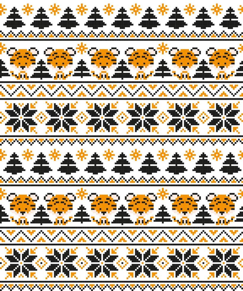 Knitted Christmas and New Year pattern in Tiger. Wool Knitting Sweater Design. Wallpaper wrapping paper textile print. vector