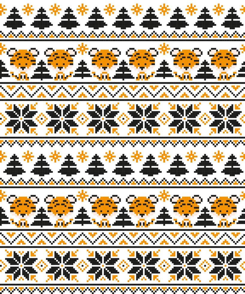 Knitted Christmas and New Year pattern in Tiger. Wool Knitting Sweater Design. Wallpaper wrapping paper textile print. vector