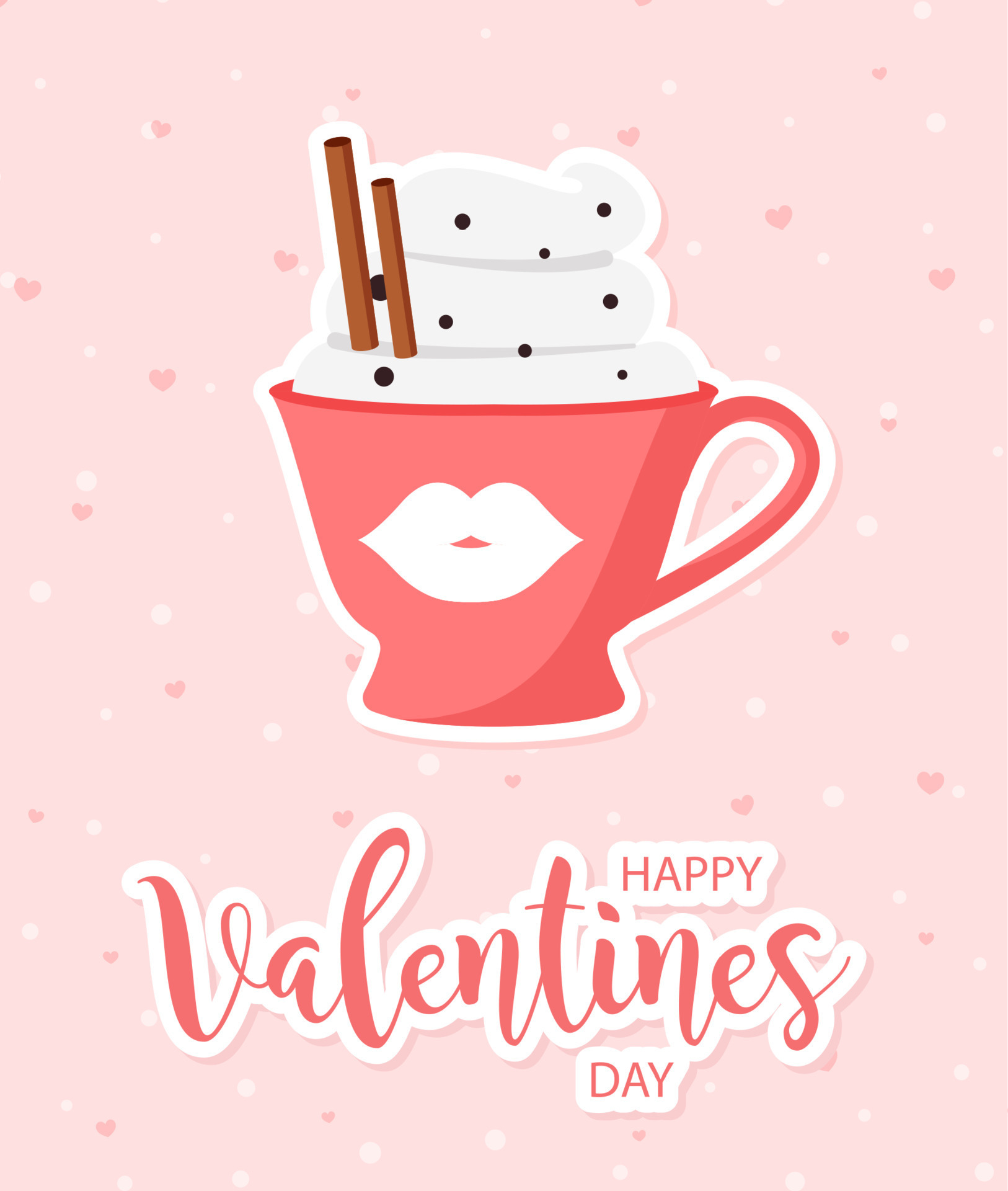 Valentines day beautiful love card. Cute cup with hot drink. Lovely