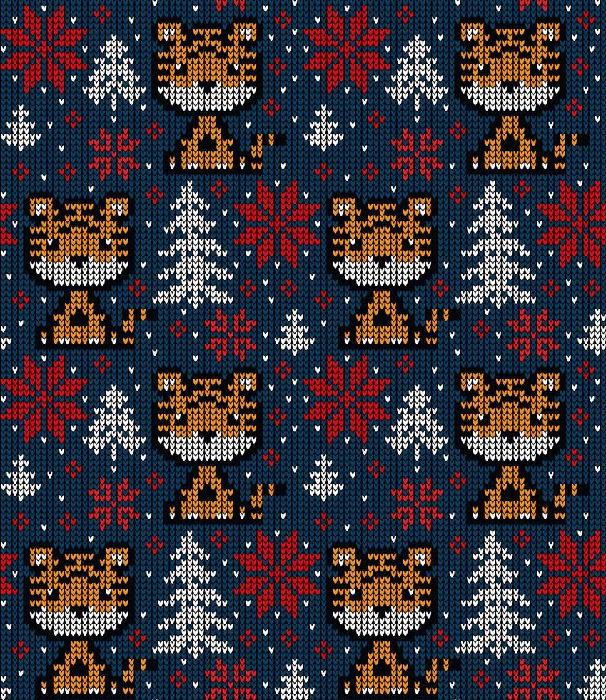 Knitted Christmas and New Year pattern in Tiger. Wool Knitting Sweater Design. Wallpaper wrapping paper textile print. vector