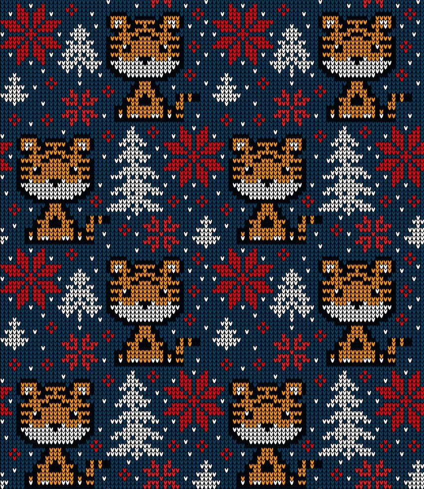 Knitted Christmas and New Year pattern in Tiger. Wool Knitting Sweater Design. Wallpaper wrapping paper textile print. vector