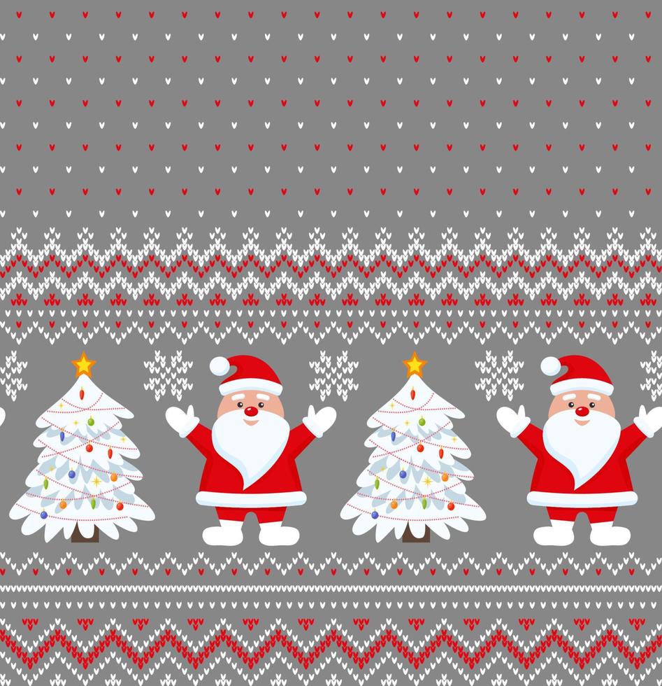 Knitted Christmas and New Year pattern into santa. Wool Knitting Sweater Design. Wallpaper wrapping paper textile print. vector