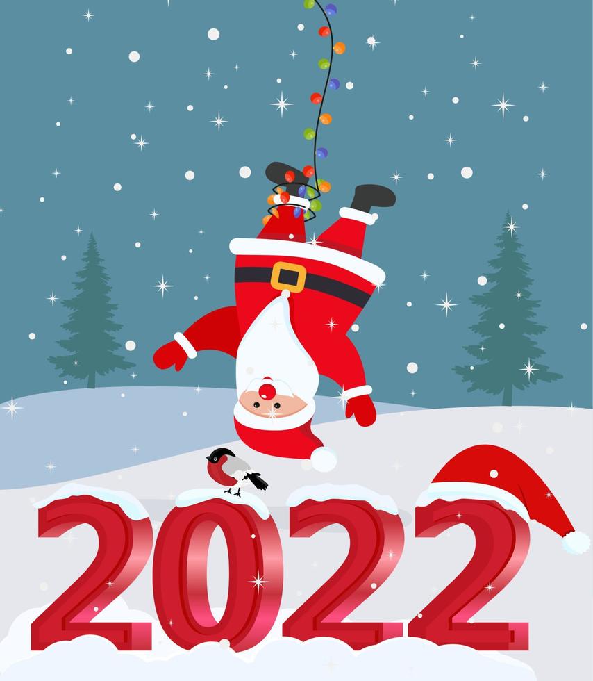 linda tarjeta de navidad y año nuevo con santa claus y letras 2022 vector