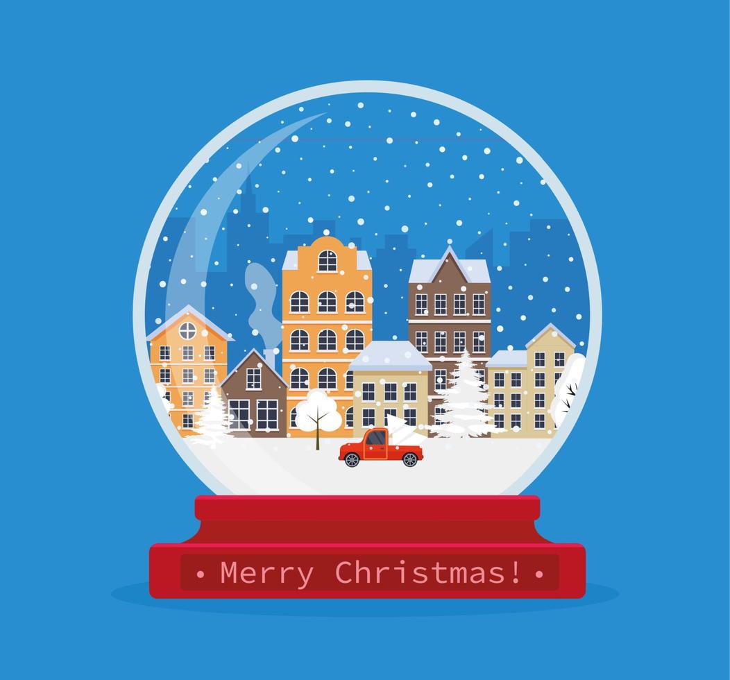 Christmas snow globe with winter landscape city inside. Merry Christmas. Celebrating new year and christmas. Vector illustration in flat style