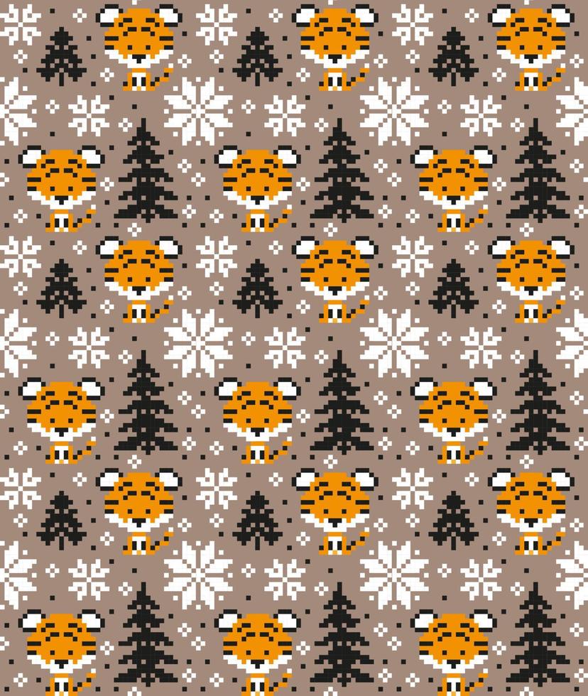 Knitted Christmas and New Year pattern in Tiger. Wool Knitting Sweater Design. Wallpaper wrapping paper textile print. Eps 10 vector