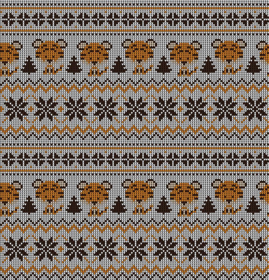 Knitted Christmas and New Year pattern in Tiger. Wool Knitting Sweater Design. Wallpaper wrapping paper textile print. vector