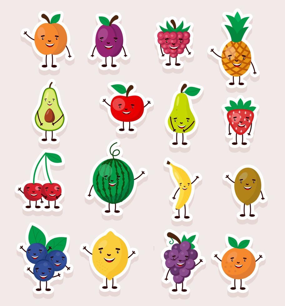 Set of cute vector stickers. Funny cute fruit with the happy face.