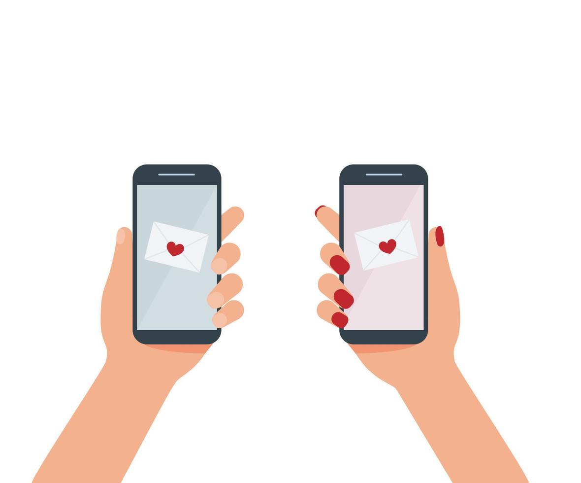 SMARTPHONE IN HAND ON THE SCREEN WITH A HEART FOR SAINT VALENTINE'S DAY vector