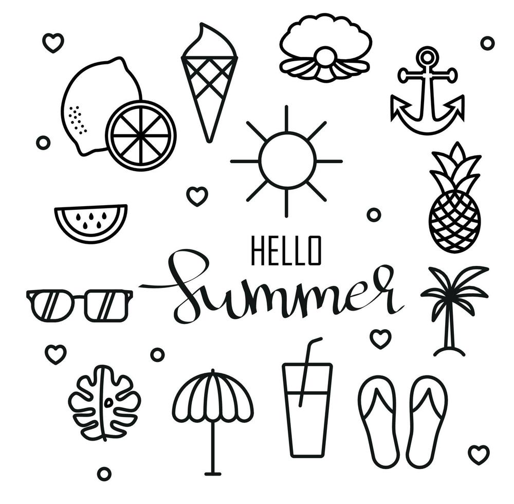 Hello Summer vector illustration, background. Fun quote hipster design logo or label. Hand lettering inspirational typography poster, banner.