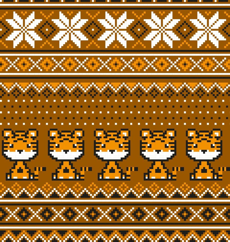 Knitted Christmas and New Year pattern in Tiger. Wool Knitting Sweater Design. Wallpaper wrapping paper textile print. vector
