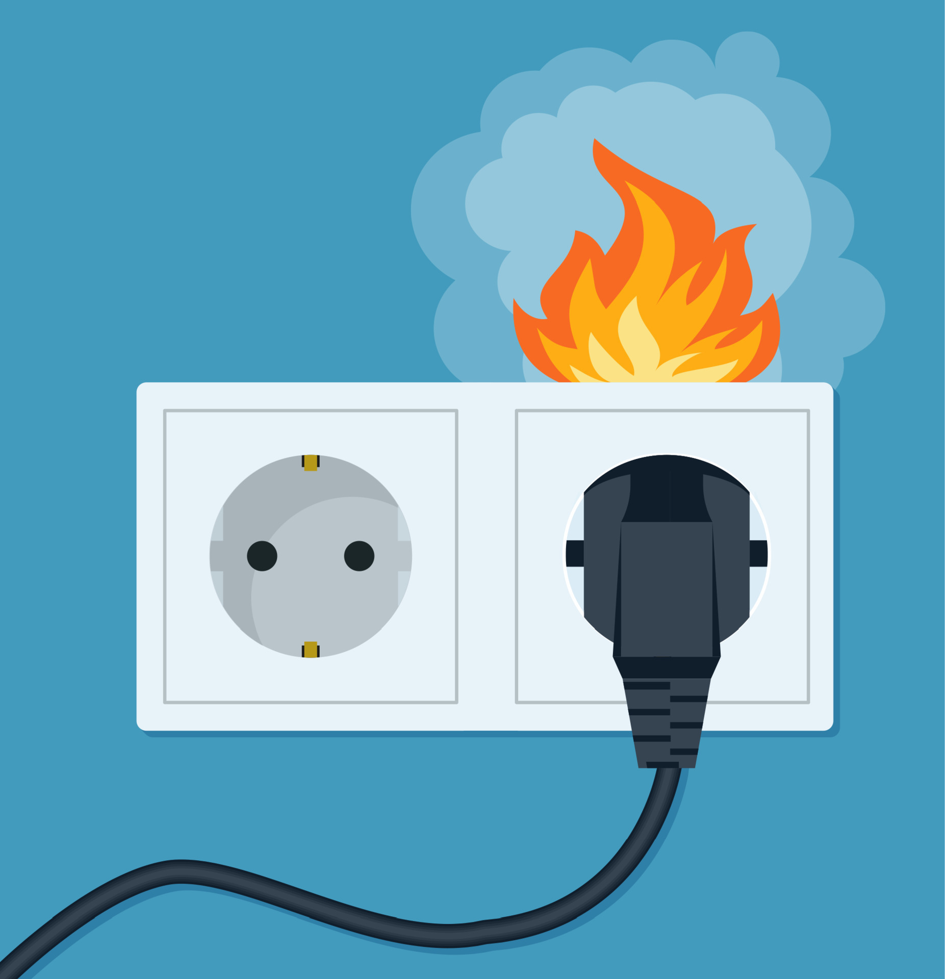 Socket and plug on fire from voltage overload. Vector flat illustration