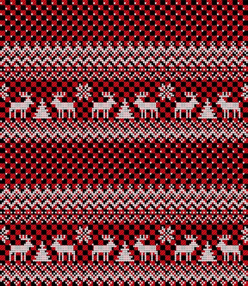 Knitted Christmas and New Year pattern at Buffalo Plaid. Wool Knitting Sweater Design. Wallpaper wrapping paper textile print. vector