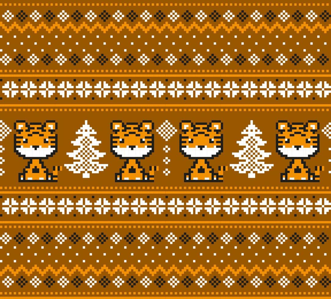 Knitted Christmas and New Year pattern in Tiger. Wool Knitting Sweater Design. Wallpaper wrapping paper textile print. vector