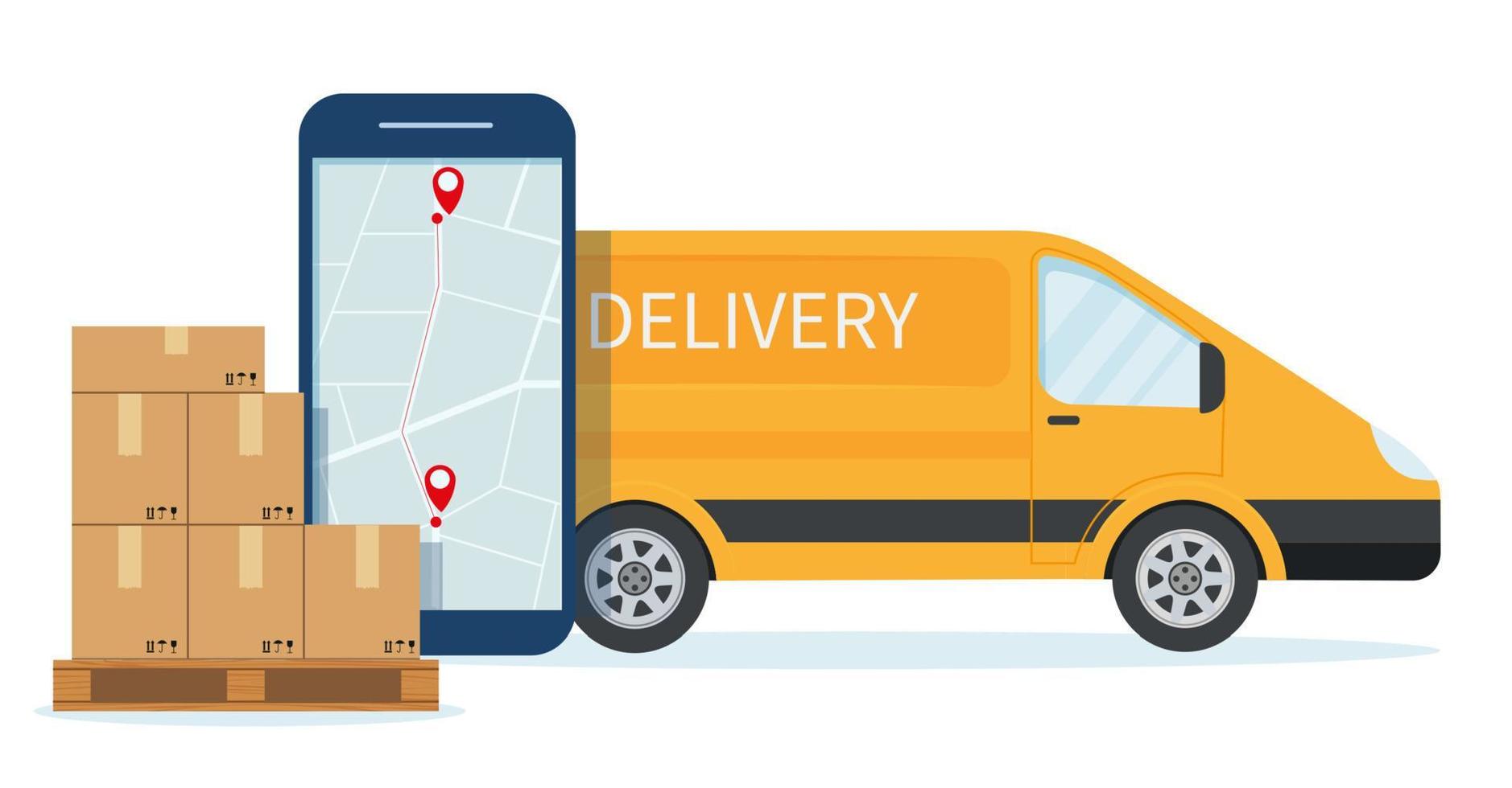 Free, Express, Home or Fast delivery service by van. Car with stack of parcels and smartphone with mobile app for online delivery tracking. Flat style vector illustration.