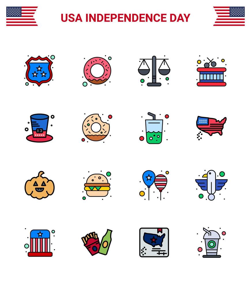 Set of 16 Vector Flat Filled Lines on 4th July USA Independence Day such as usa hat justice day instrument Editable USA Day Vector Design Elements