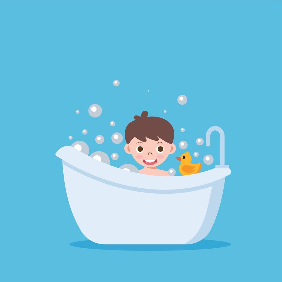 White bathtub in bathrooms with a smiling boy. Vintage bath and soap foam bubbles on blue background, illustration. vector