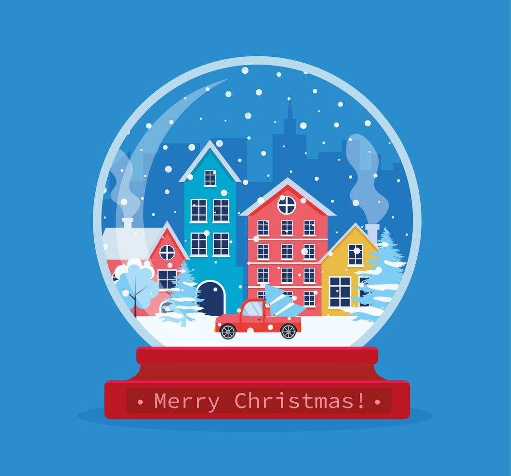 Christmas snow globe with winter landscape city inside. Merry Christmas. Celebrating new year and christmas. Vector illustration in flat style