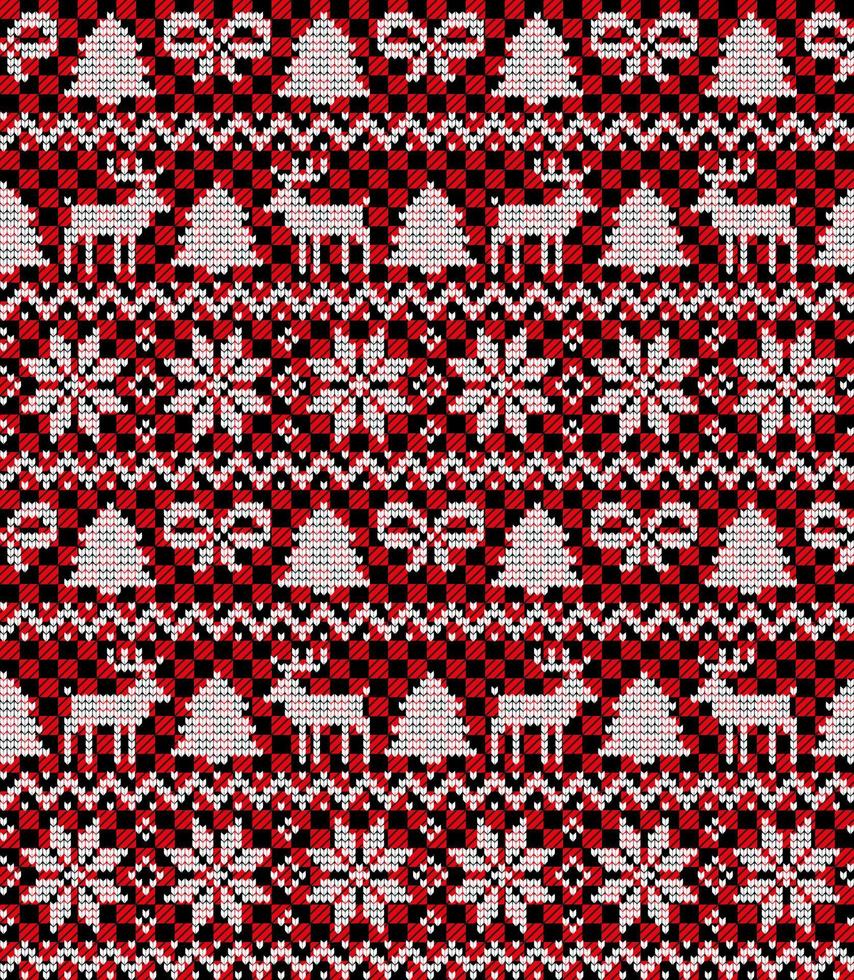 Knitted Christmas and New Year pattern at Buffalo Plaid. Wool Knitting Sweater Design. Wallpaper wrapping paper textile print. vector