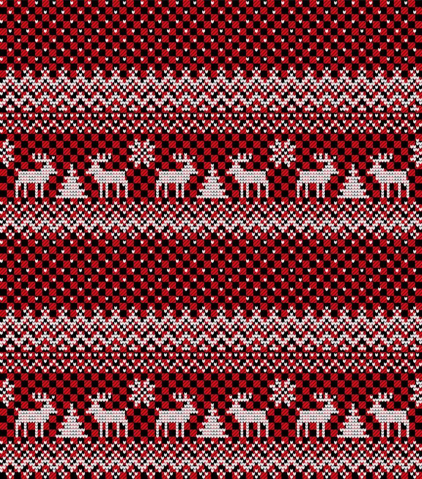 Knitted Christmas and New Year pattern at Buffalo Plaid. Wool Knitting Sweater Design. Wallpaper wrapping paper textile print. vector