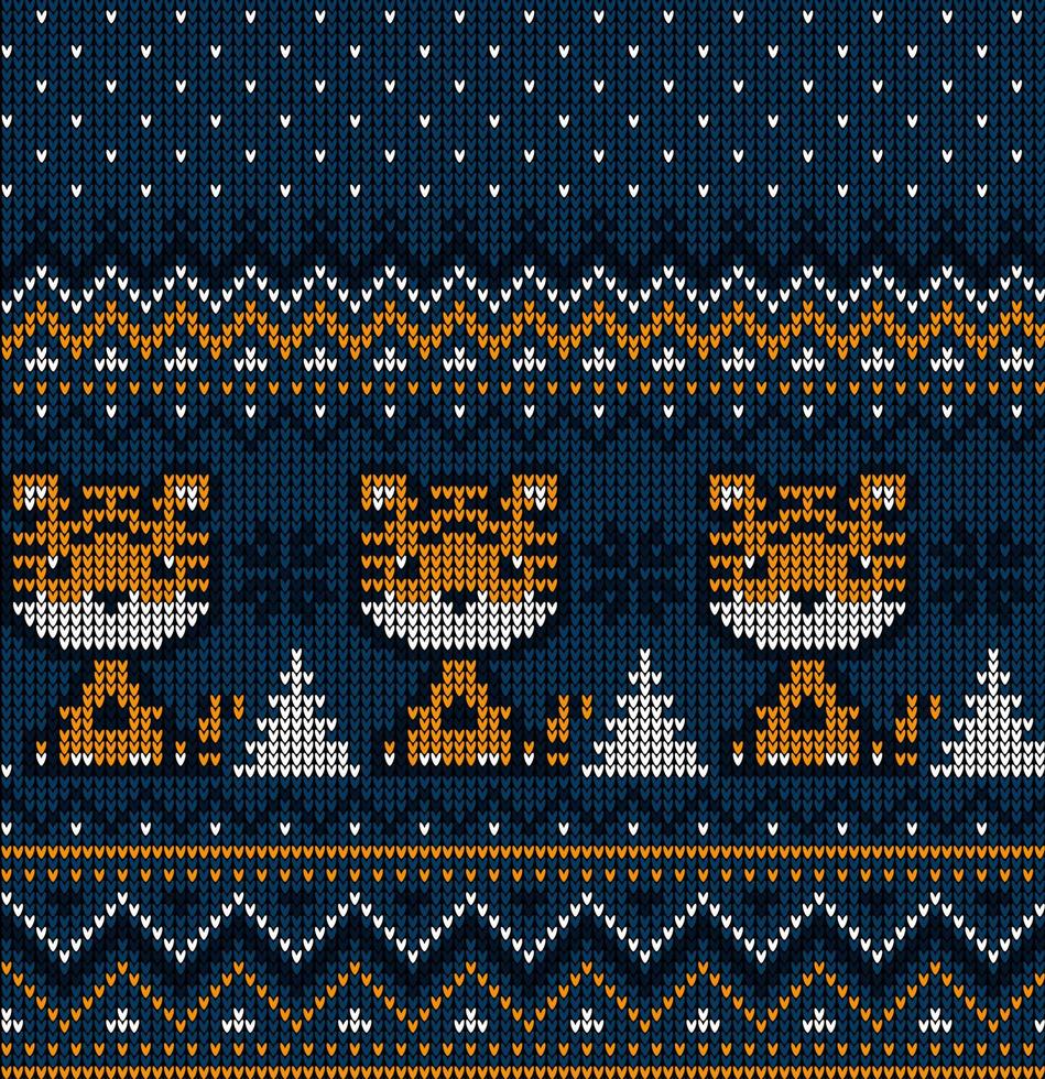 Knitted Christmas and New Year pattern in Tiger. Wool Knitting Sweater Design. Wallpaper wrapping paper textile print. vector