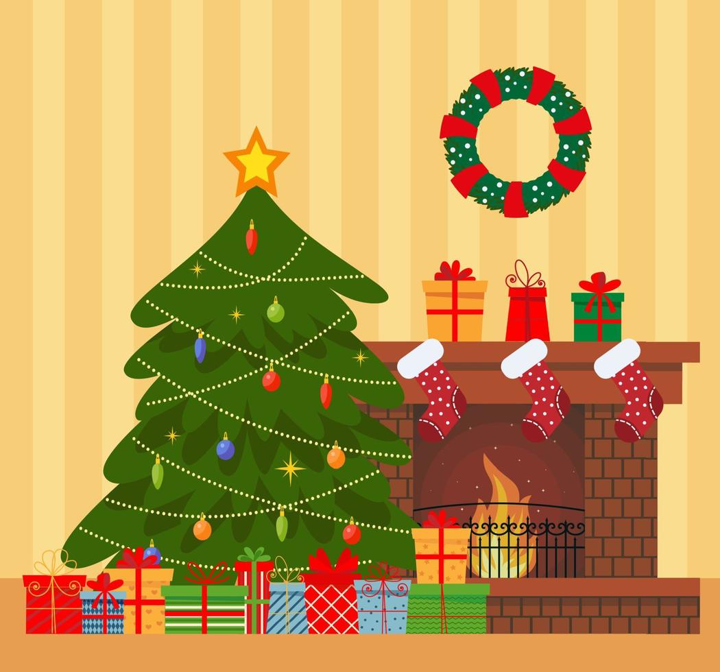 Cozy living interior Christmas with red sofa, gifts, and tree. Vector flat style illustration.