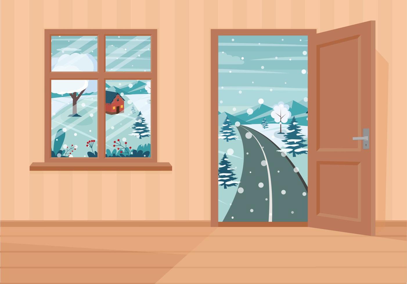 ventana y puertas en el paisaje de invierno. ilustración de vector de estilo de dibujos animados plana.