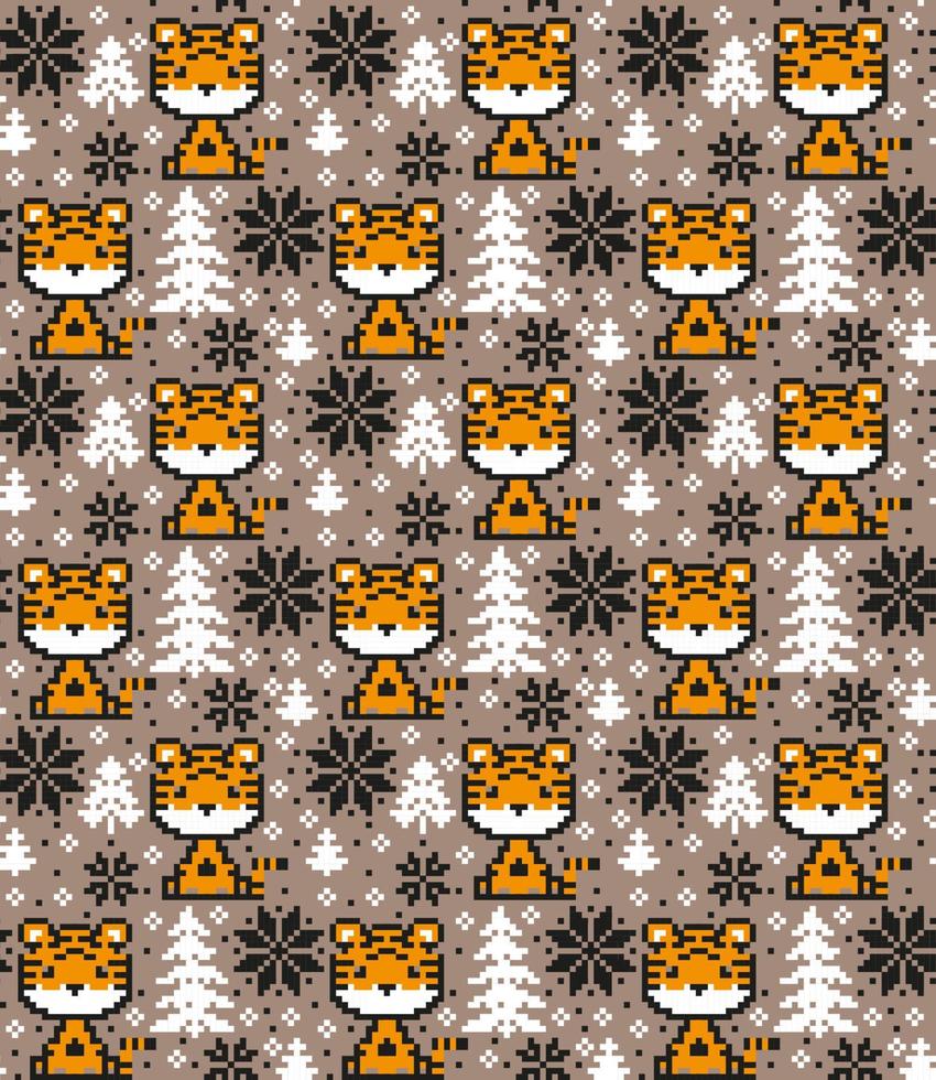 Knitted Christmas and New Year pattern in Tiger. Wool Knitting Sweater Design. Wallpaper wrapping paper textile print. Eps 10 vector