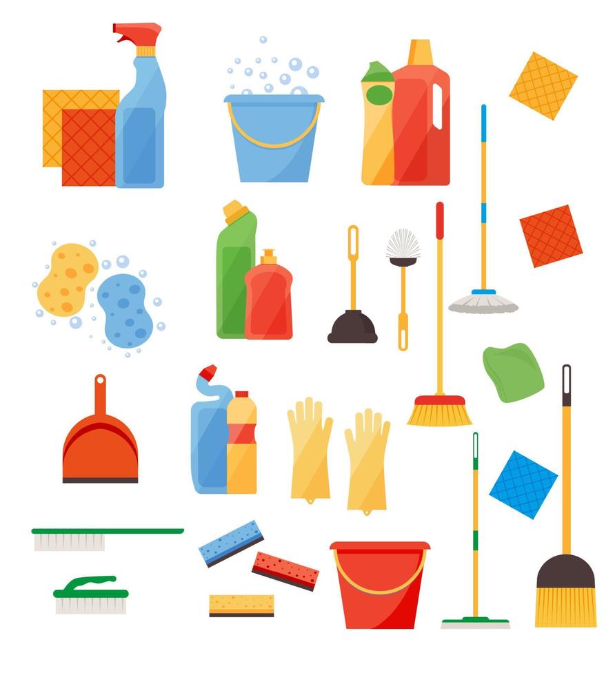 Assorted cleaning items set with brooms, bucket, mops, spray, brushes, sponges. Cleaning accessories flat style. vector