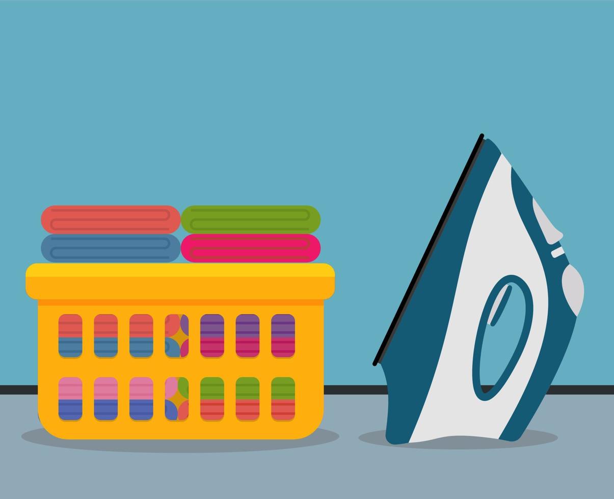 basket with ironed linen and iron vector illustration in flat style