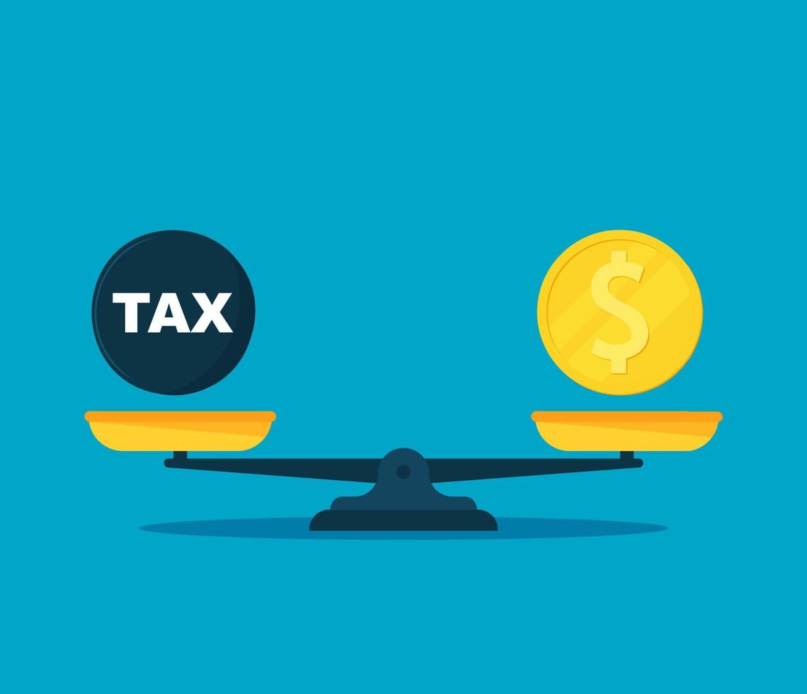 Scales balancing with money and TAX . Vector flat style illustration.