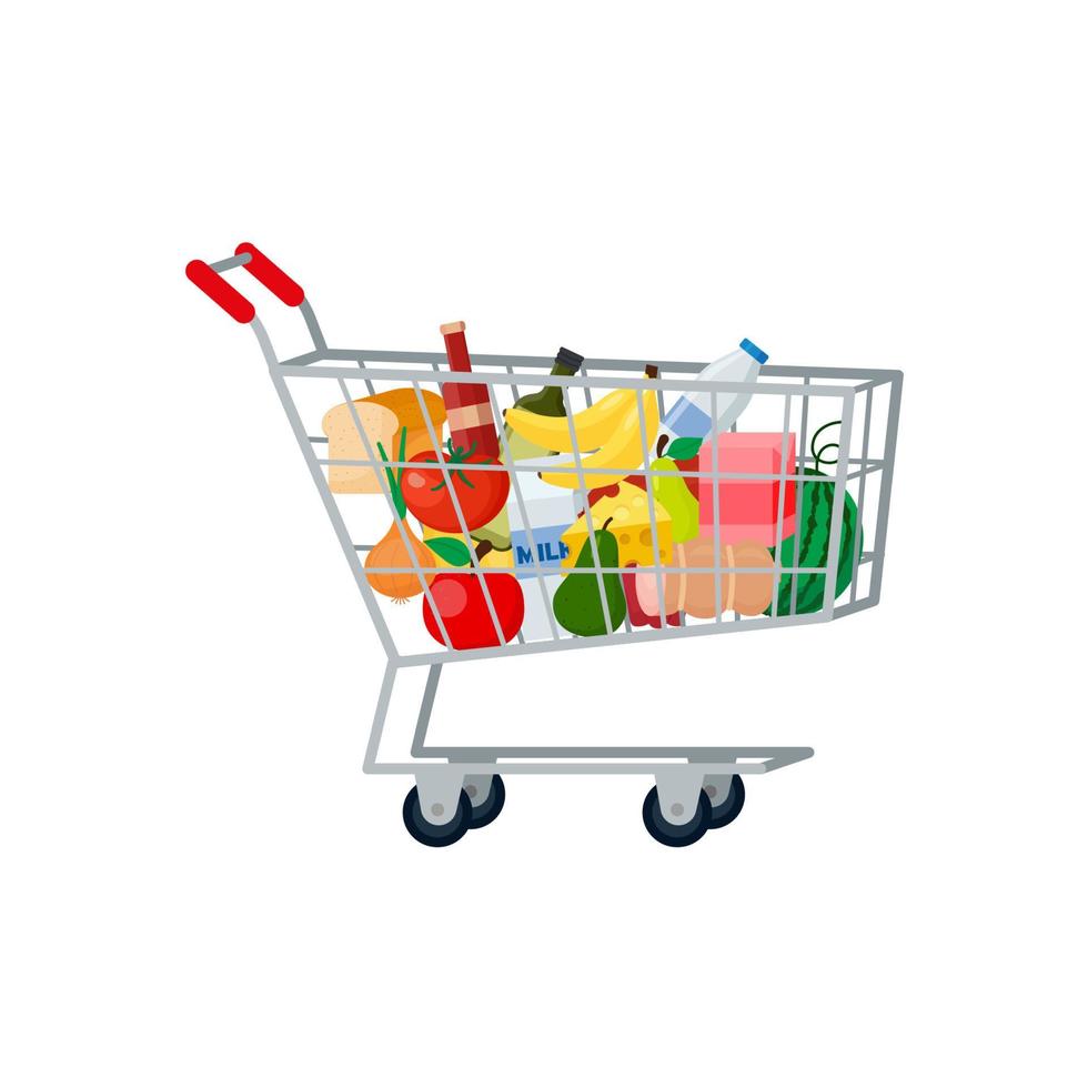 Supermarket grocery cart full of different fresh groceries. Vector flat illustration.