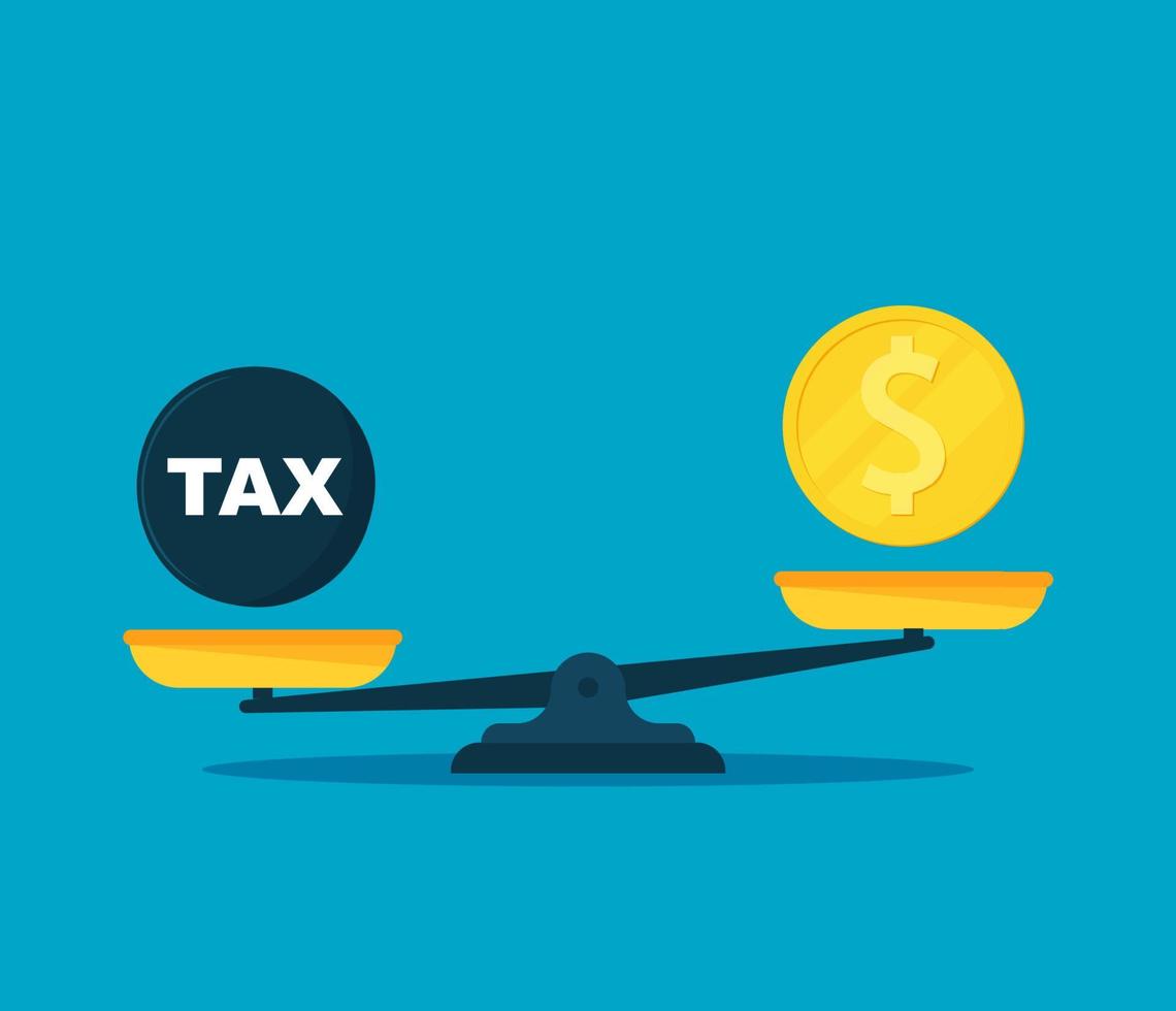 Scales balancing with money and TAX . Vector flat style illustration.