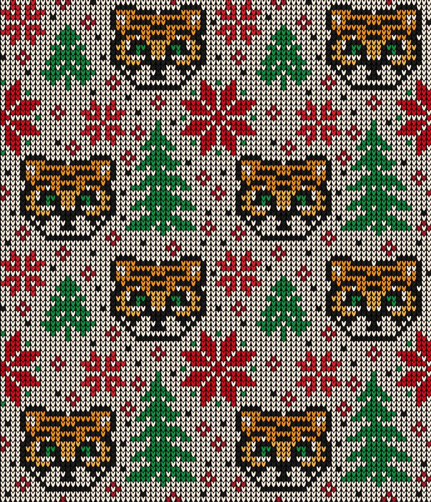 Knitted Christmas and New Year pattern in Tiger. Wool Knitting Sweater Design. Wallpaper wrapping paper textile print. vector